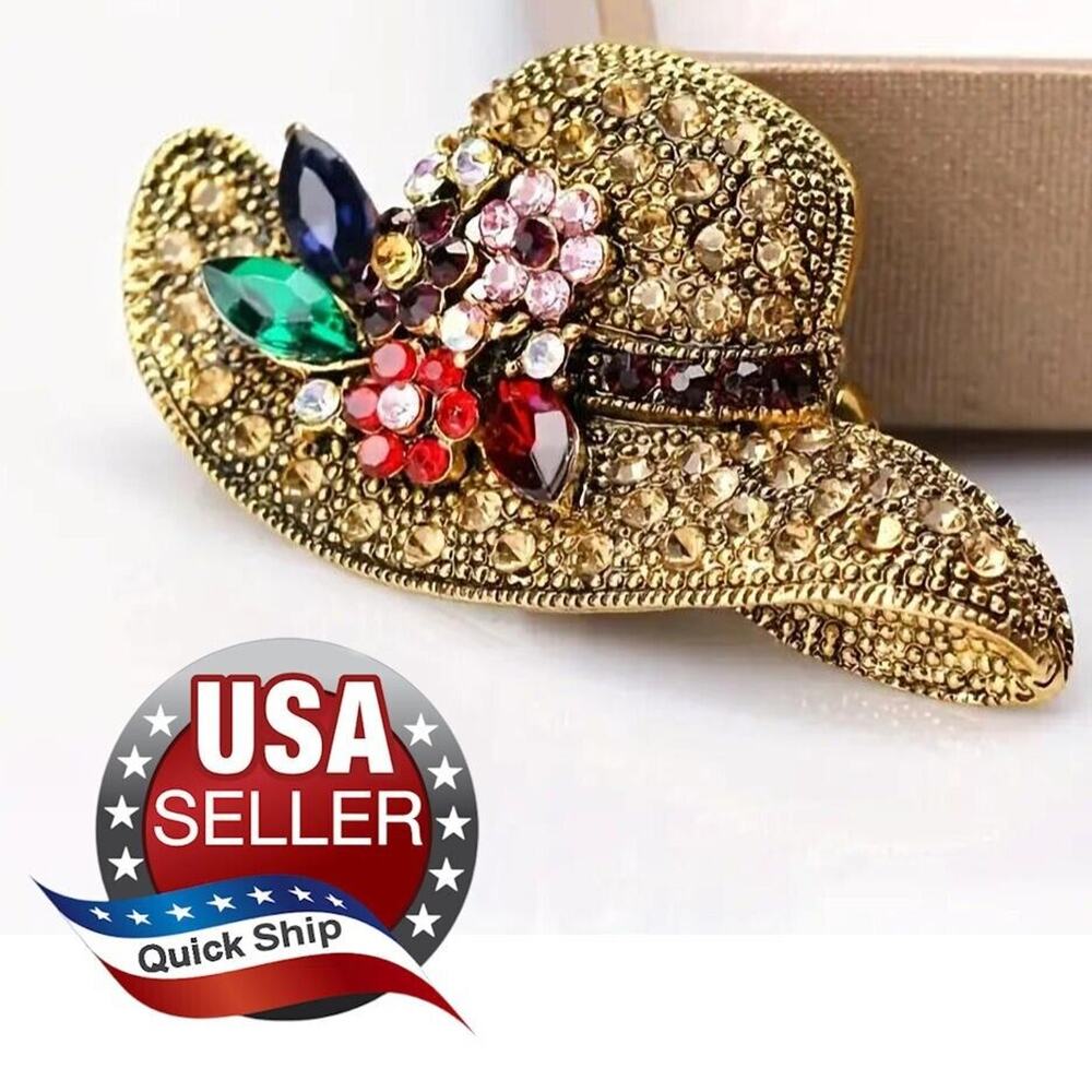 Hat Brooch Sparkling  Marquis Cut Rhinestones •Blue Red Pink Green Yellow Purple